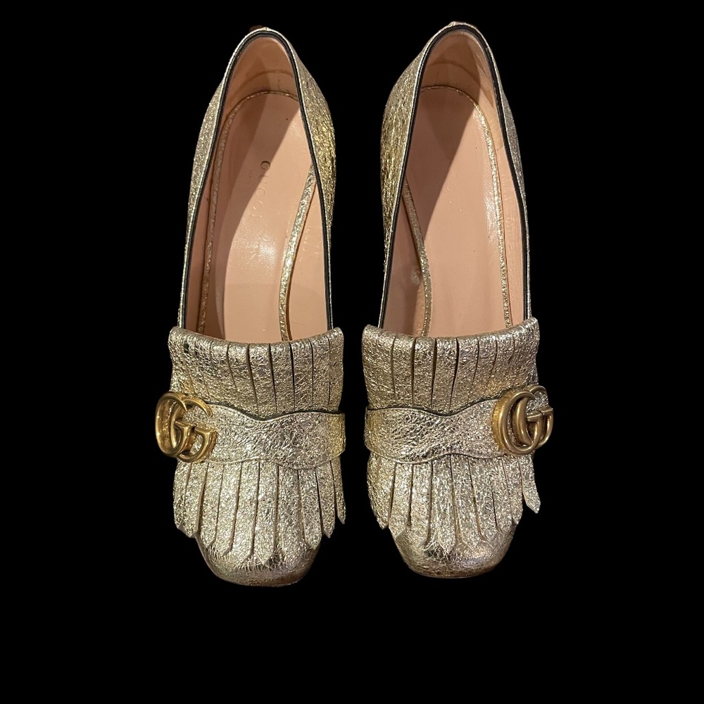 GUCCI GG MARMONT MID-HEEL GOLD LEATHER PUMP